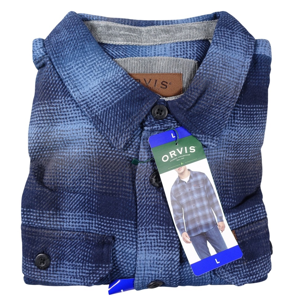 Orvis Blue Ombre Plaid Heavyweight Cotton Flannel Shirt Men Large New 1312517